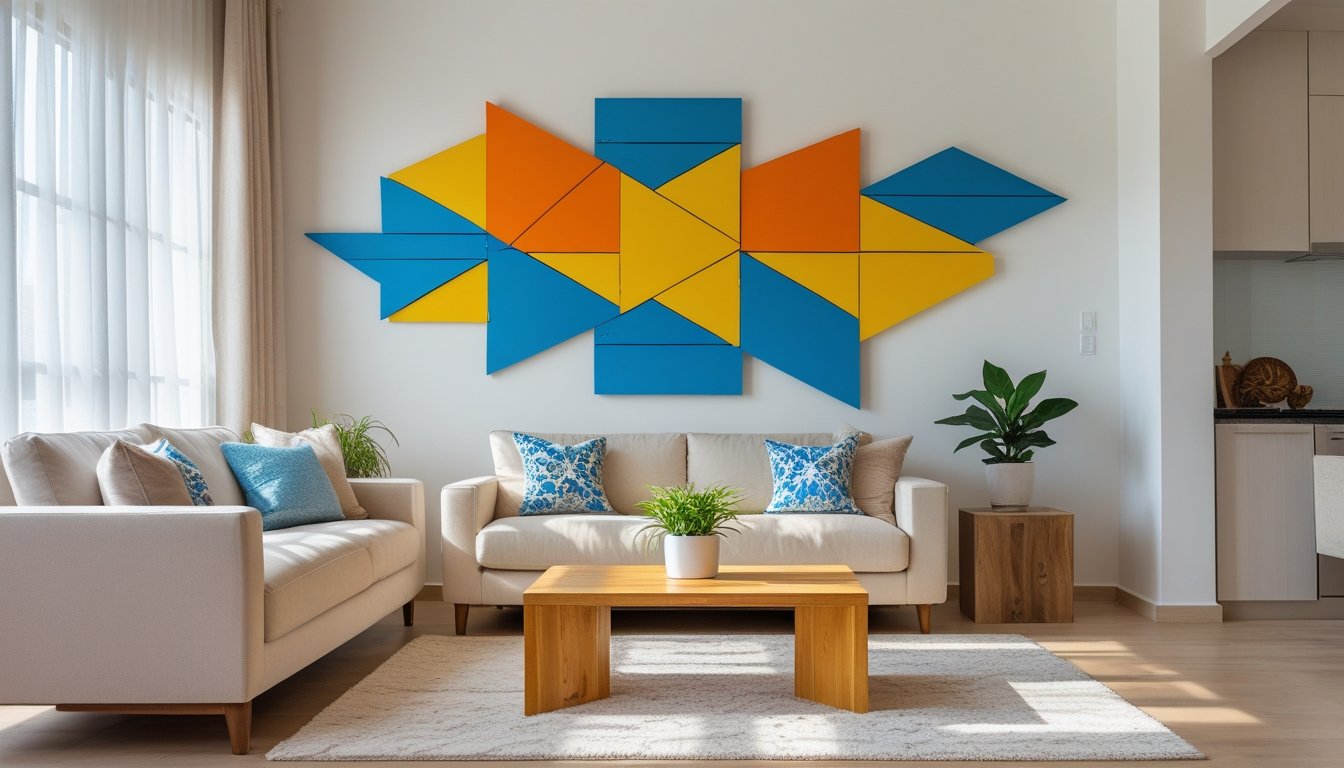 A modern living room with a colorful abstract wooden art piece on the wall above a beige sofa and a coffee table with a plant.