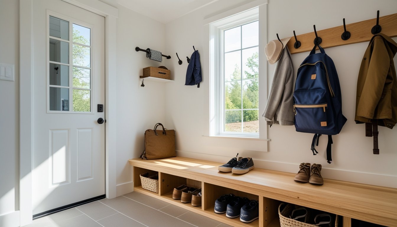 A neat mudroom with a wooden bench, shoe storage, hooks for coats, and natural light coming through a window.