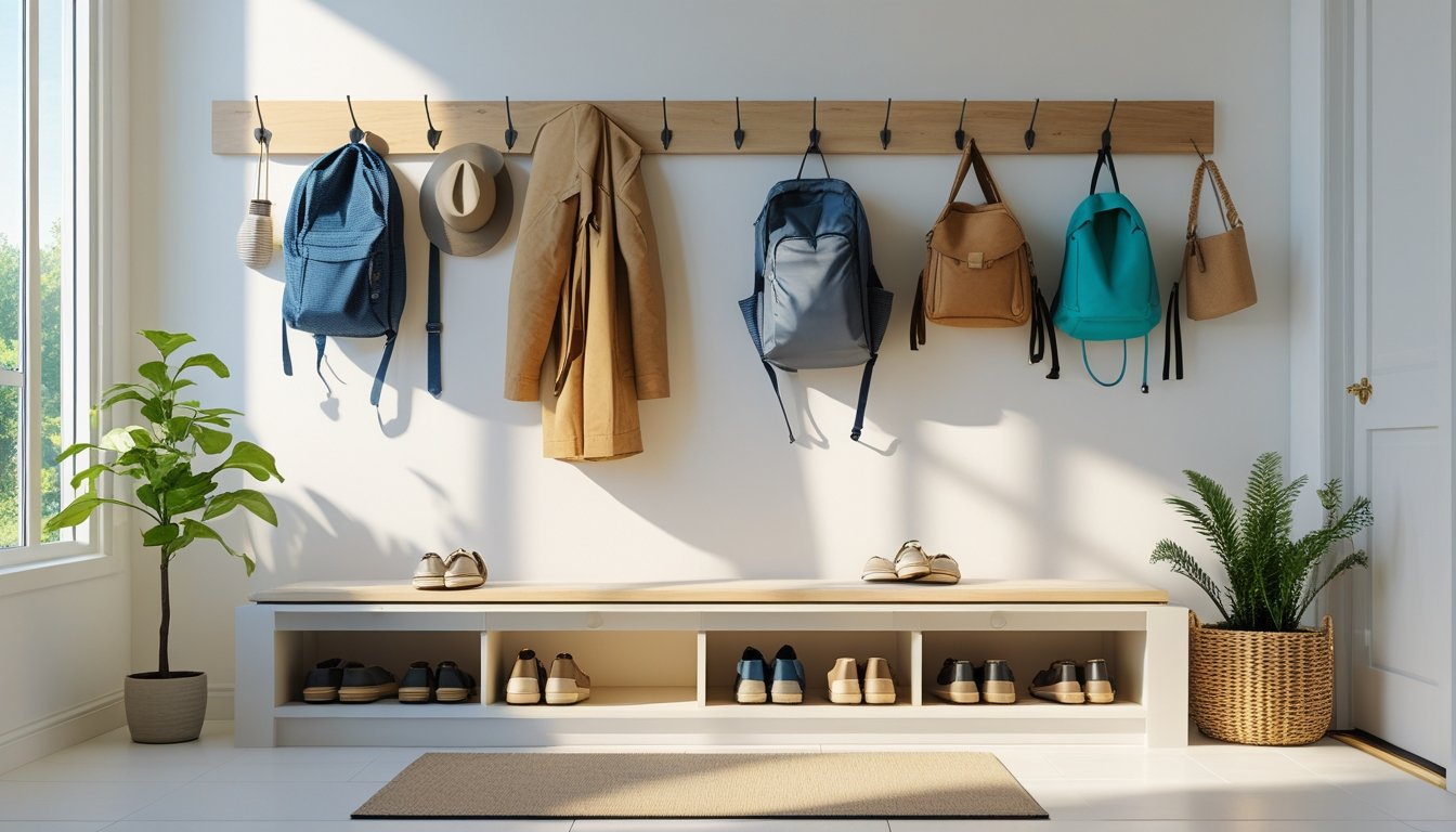 A bright mudroom with a bench, storage compartments, coats and bags hanging on hooks, and a small plant, showing an organized entryway.