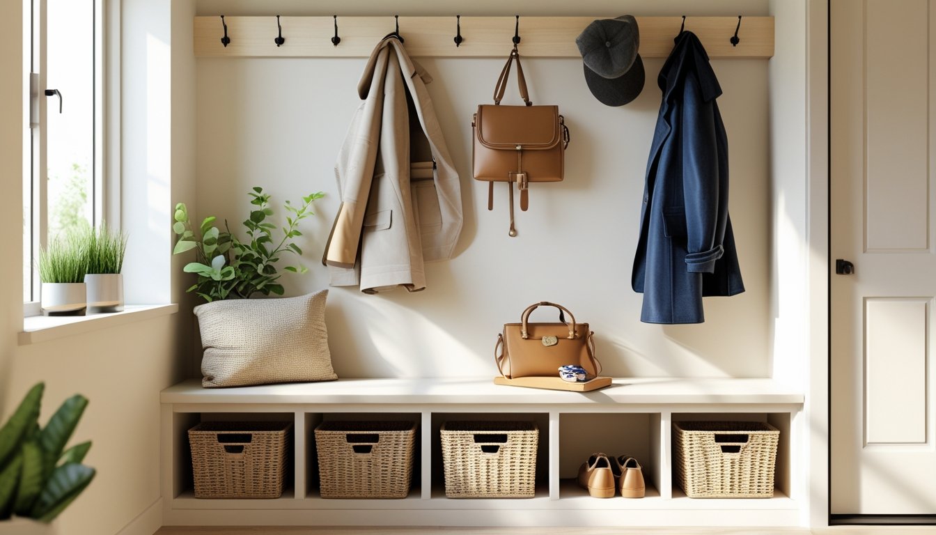 A person placing keys on a bench in a tidy mudroom with coats on hooks and shoes neatly arranged.