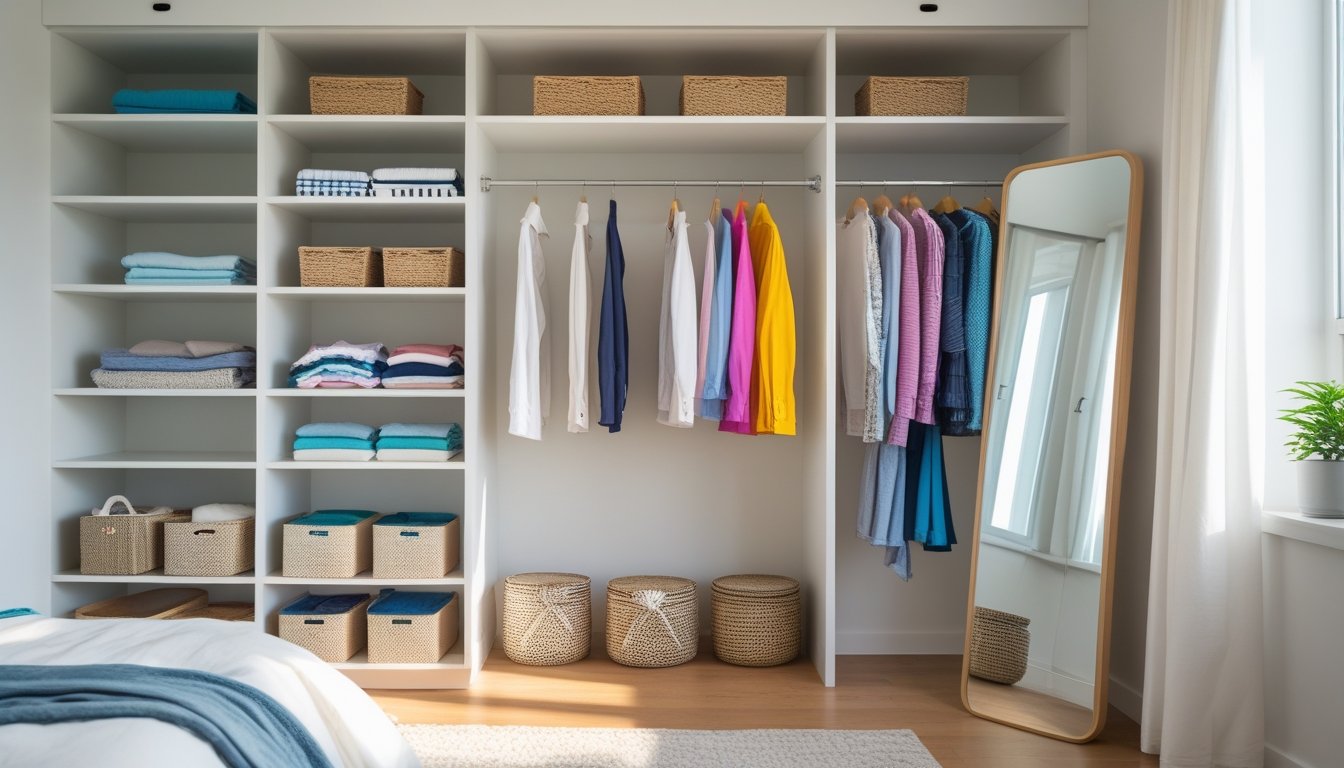 A bedroom corner with open shelves and a clothing rack holding neatly organized clothes and storage baskets.