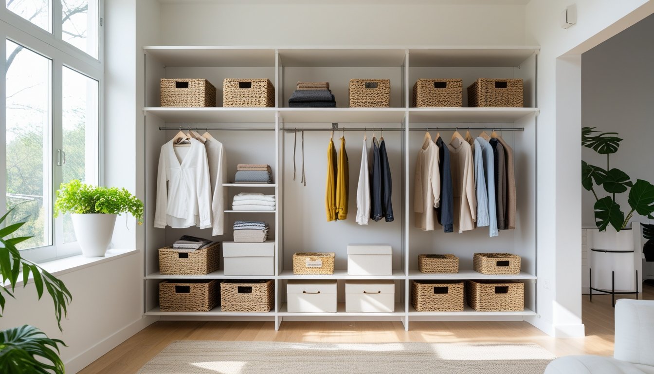 A bright room with open shelves, a clothing rack, and storage baskets neatly arranged to organize clothes and items without a closet.