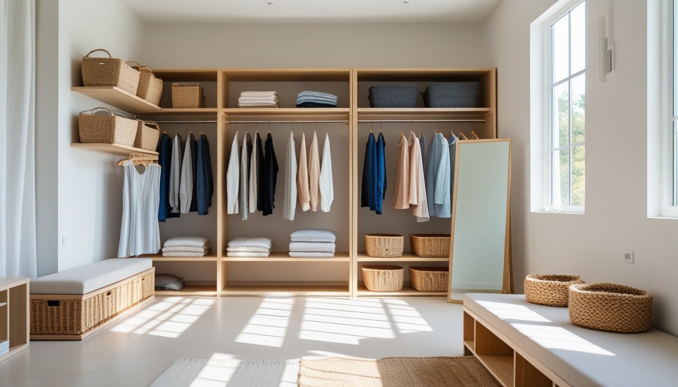 A bright room with open clothing racks, shelves with baskets, and a bench used for stylish clothing storage without a closet.
