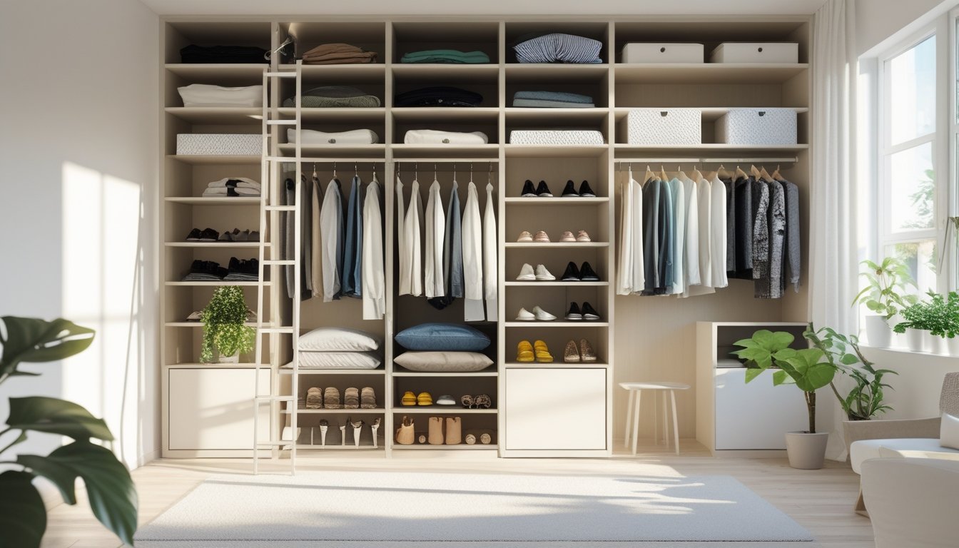 A well-organized room with tall shelves holding clothes and accessories, a ladder for reaching high shelves, and natural light coming through large windows.
