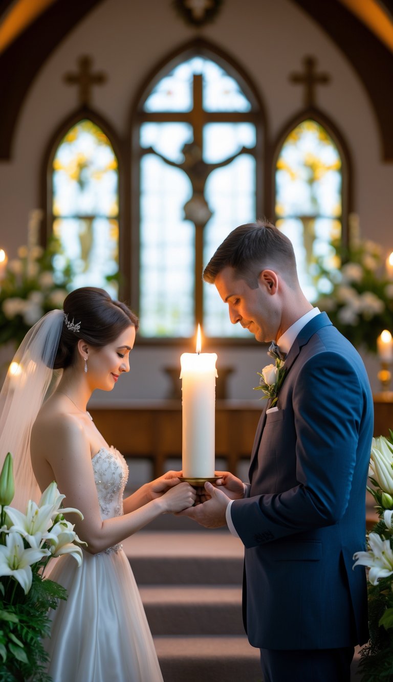 Bride and groom lighting a unity candle together during a Christian wedding ceremony in a softly lit church.