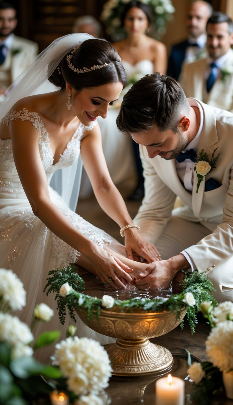 A bride and groom during a foot-washing ritual at their wedding, with the groom washing the bride's feet in a basin surrounded by wedding decorations and guests.
