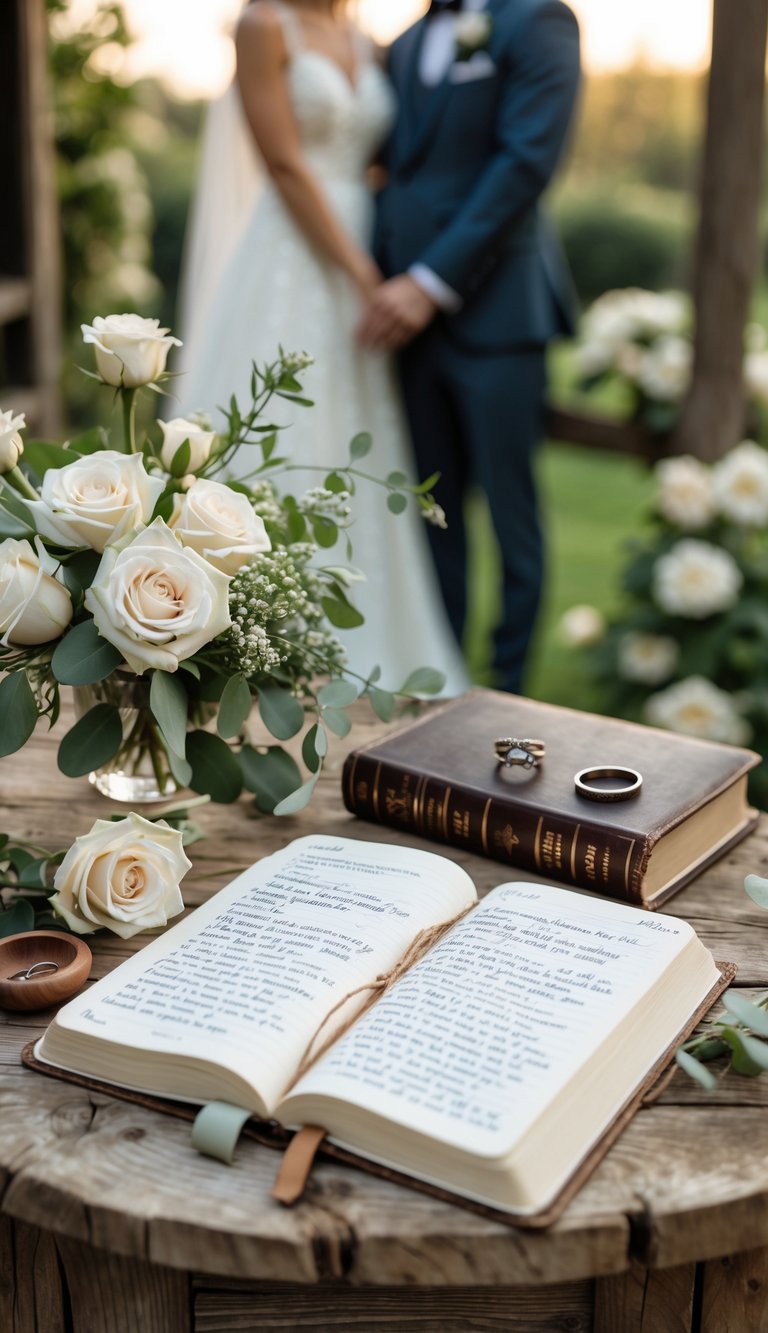A bride and groom holding hands in a garden with a wooden table in the foreground displaying an open notebook with wedding vows, an open Bible, wedding rings, and floral decorations.