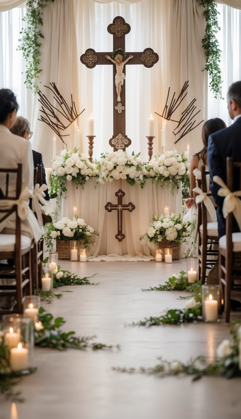 Wedding venue decorated with crosses and Christian symbols, featuring flowers, candles, and wooden chairs arranged for a ceremony.