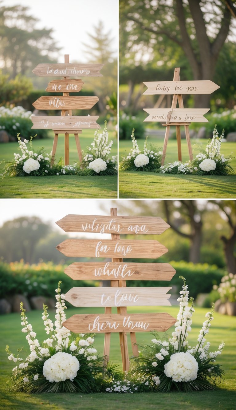 Wooden signs displayed outdoors surrounded by flowers and greenery in a garden setting.