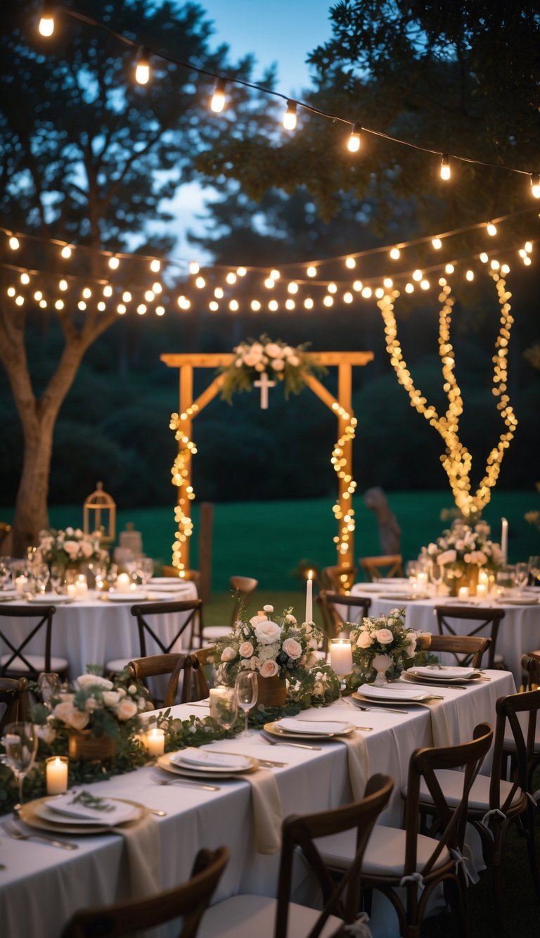 An outdoor wedding reception at dusk with tables decorated with flowers and fairy lights creating a warm and inviting atmosphere.