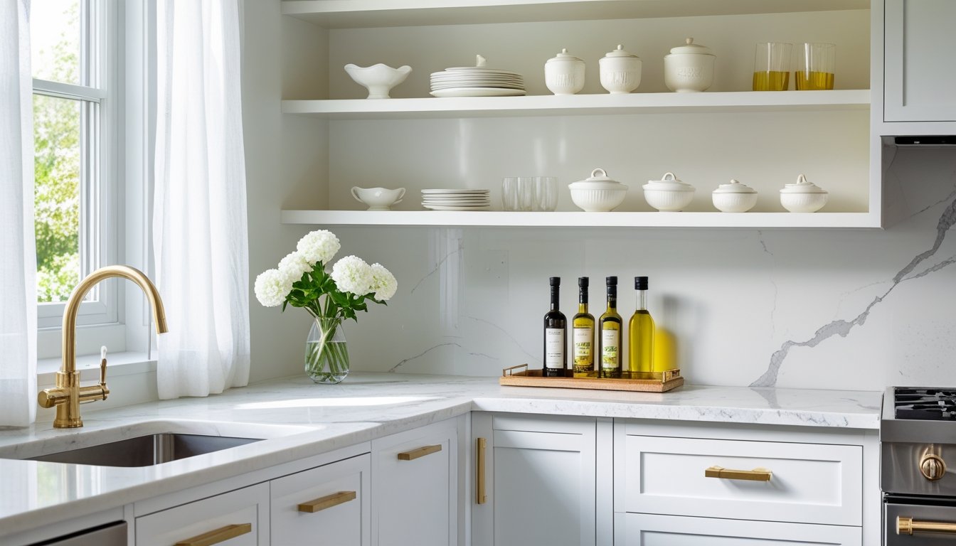 A small kitchen with white cabinets, marble countertops, gold hardware, open shelves with dishes, and natural light from a window.