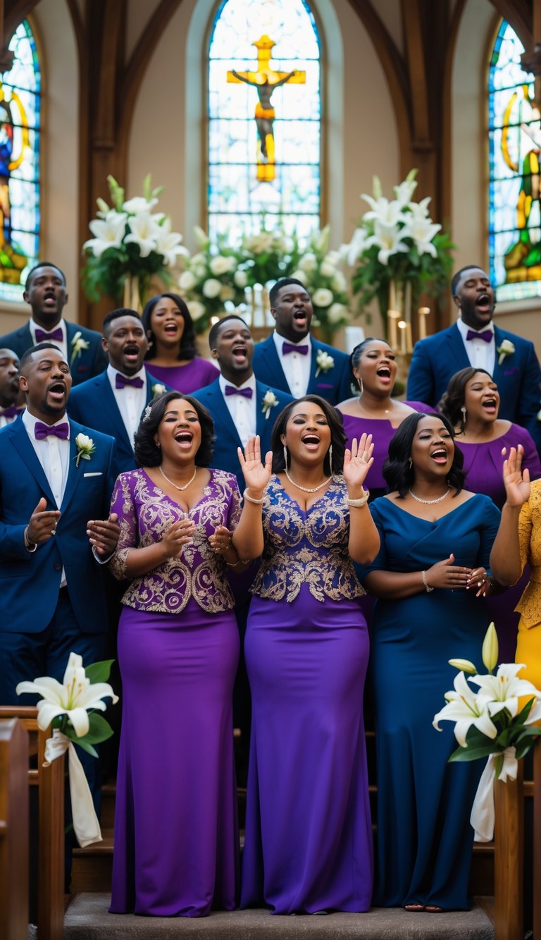 A diverse gospel choir singing joyfully inside a decorated church during a wedding processional.