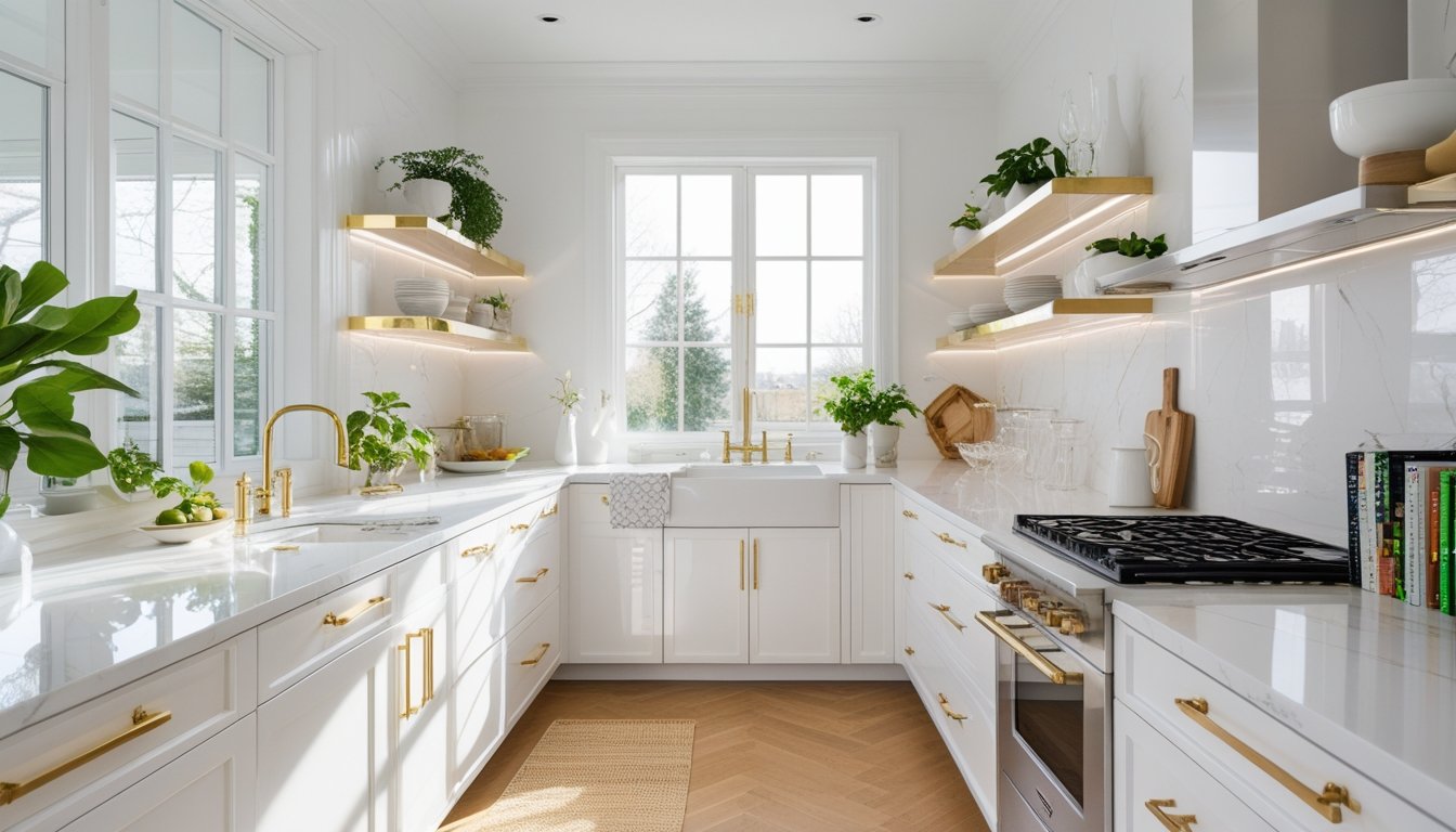 A small kitchen with white cabinets, marble countertops, large windows, plants, and organized shelves, filled with natural light.