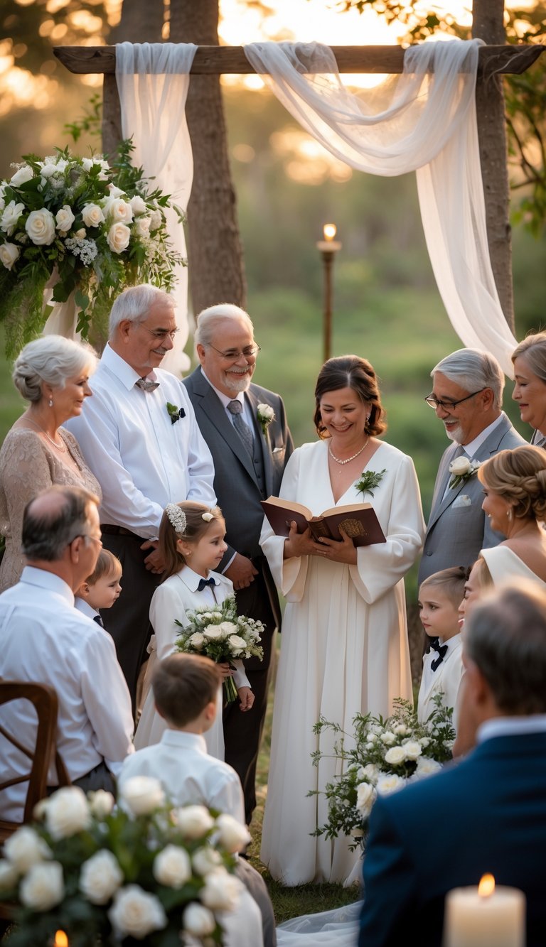 Family members gathered outdoors at a wedding, one person reading from a Bible while others listen attentively near a decorated altar.