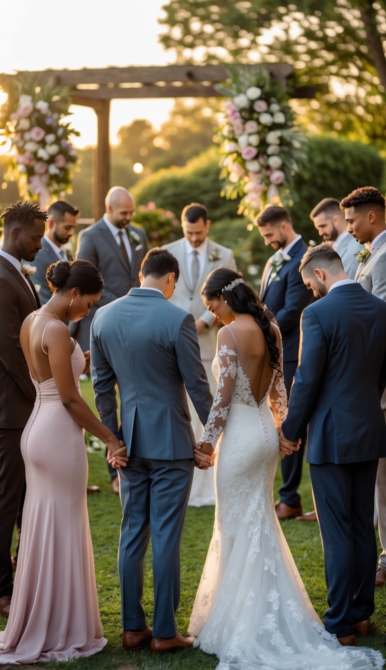 A group of people holding hands in a prayer circle before a wedding ceremony outdoors.