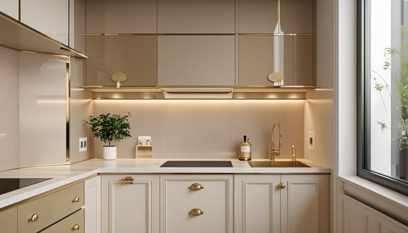A small kitchen corner with beige cabinets, marble countertop, brass hardware, a potted plant, and pendant lighting illuminated by natural light.