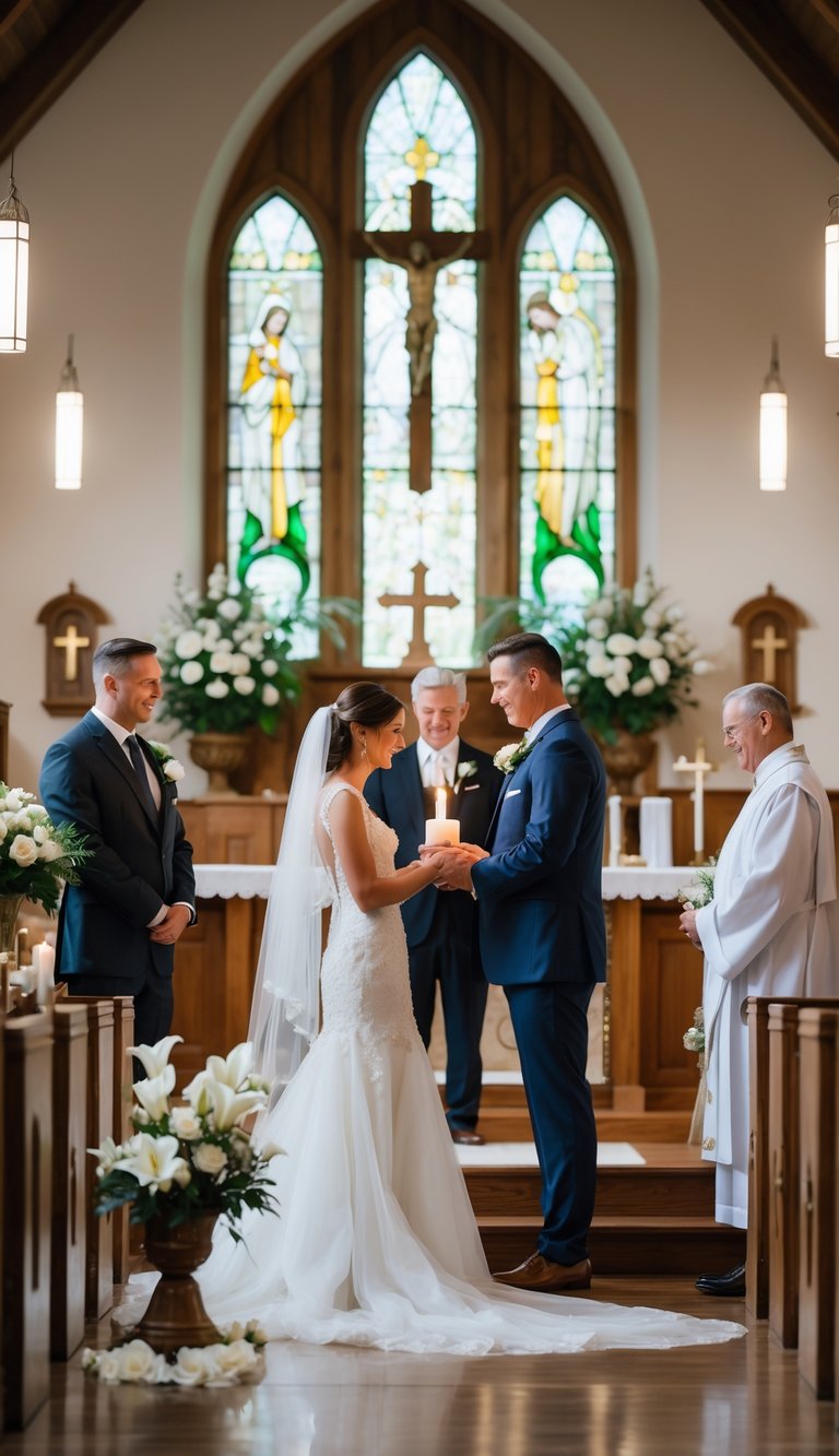 A couple at a church altar holding a unity candle during a baptism-themed Christian wedding ceremony with family and a pastor nearby.