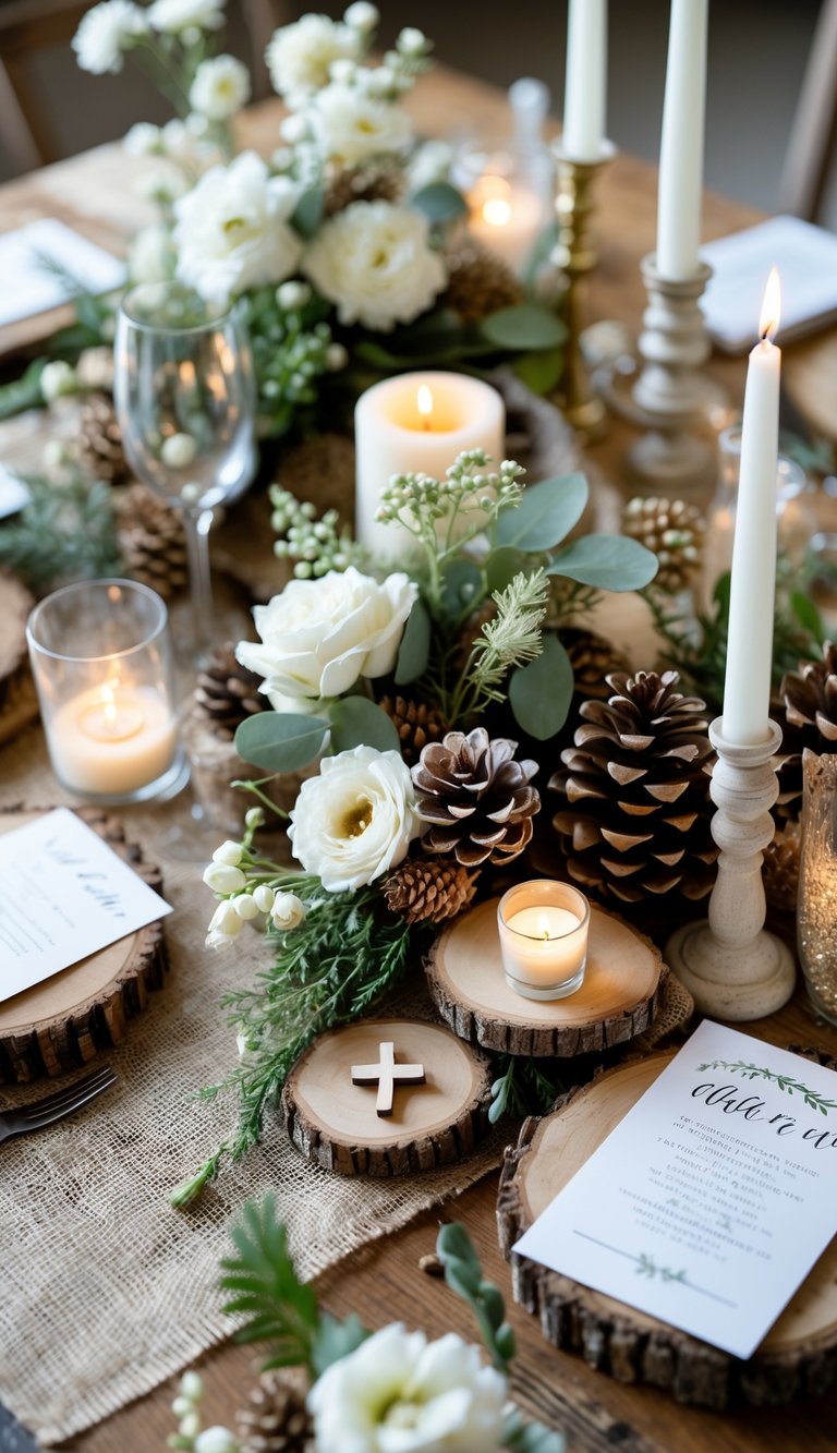 A close-up of a wedding table centerpiece featuring burlap, greenery, flowers, pinecones, candles, and small wooden crosses.