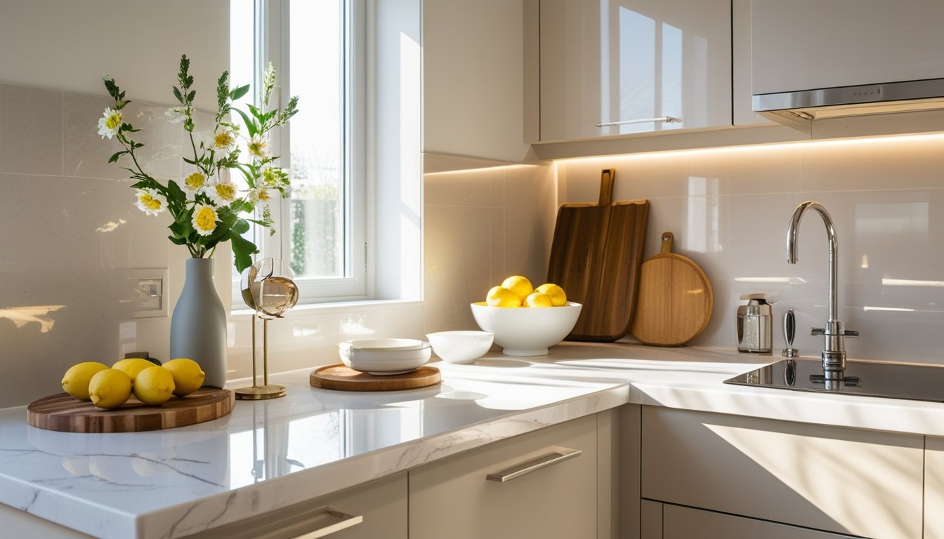 A small kitchen with polished marble countertops, decorative items, and natural light creating a bright and inviting space.