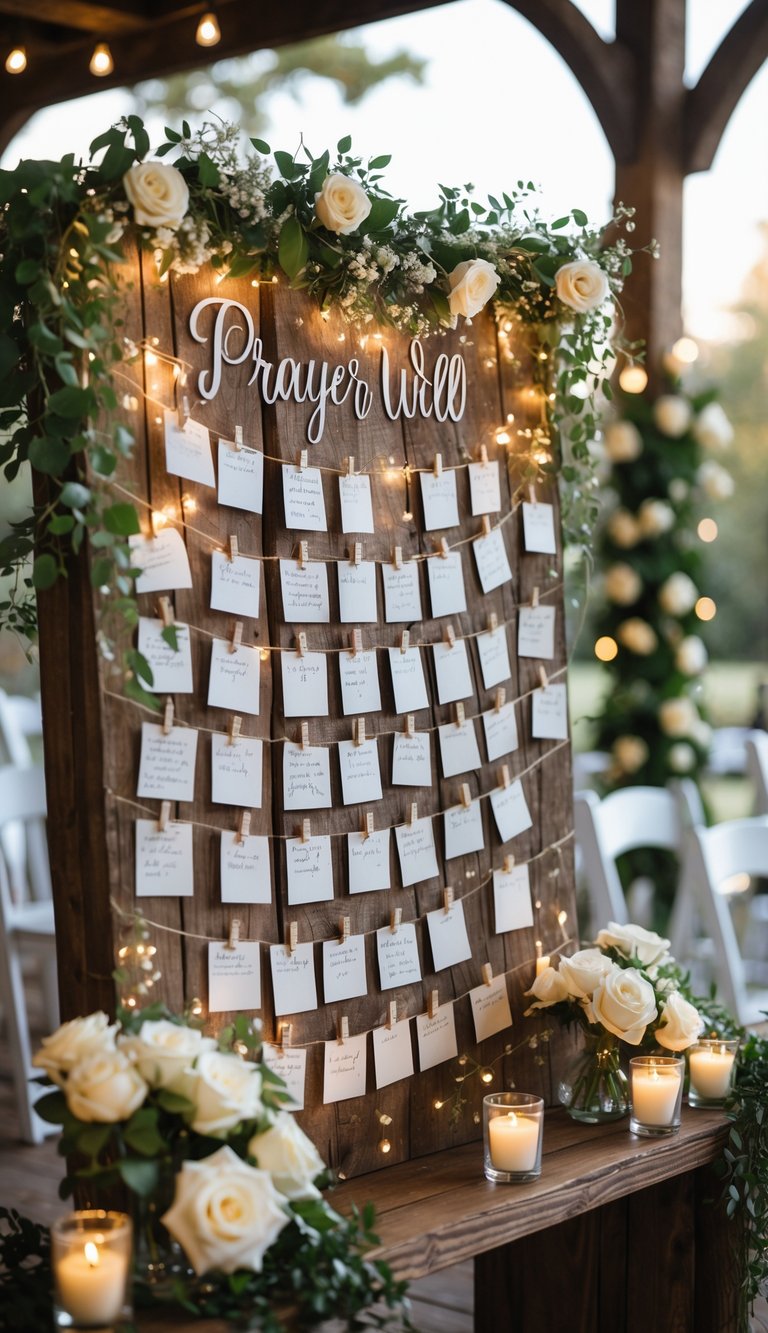 A wedding prayer wall decorated with handwritten prayer cards, flowers, and candles, set up outdoors with wedding decorations in the background.