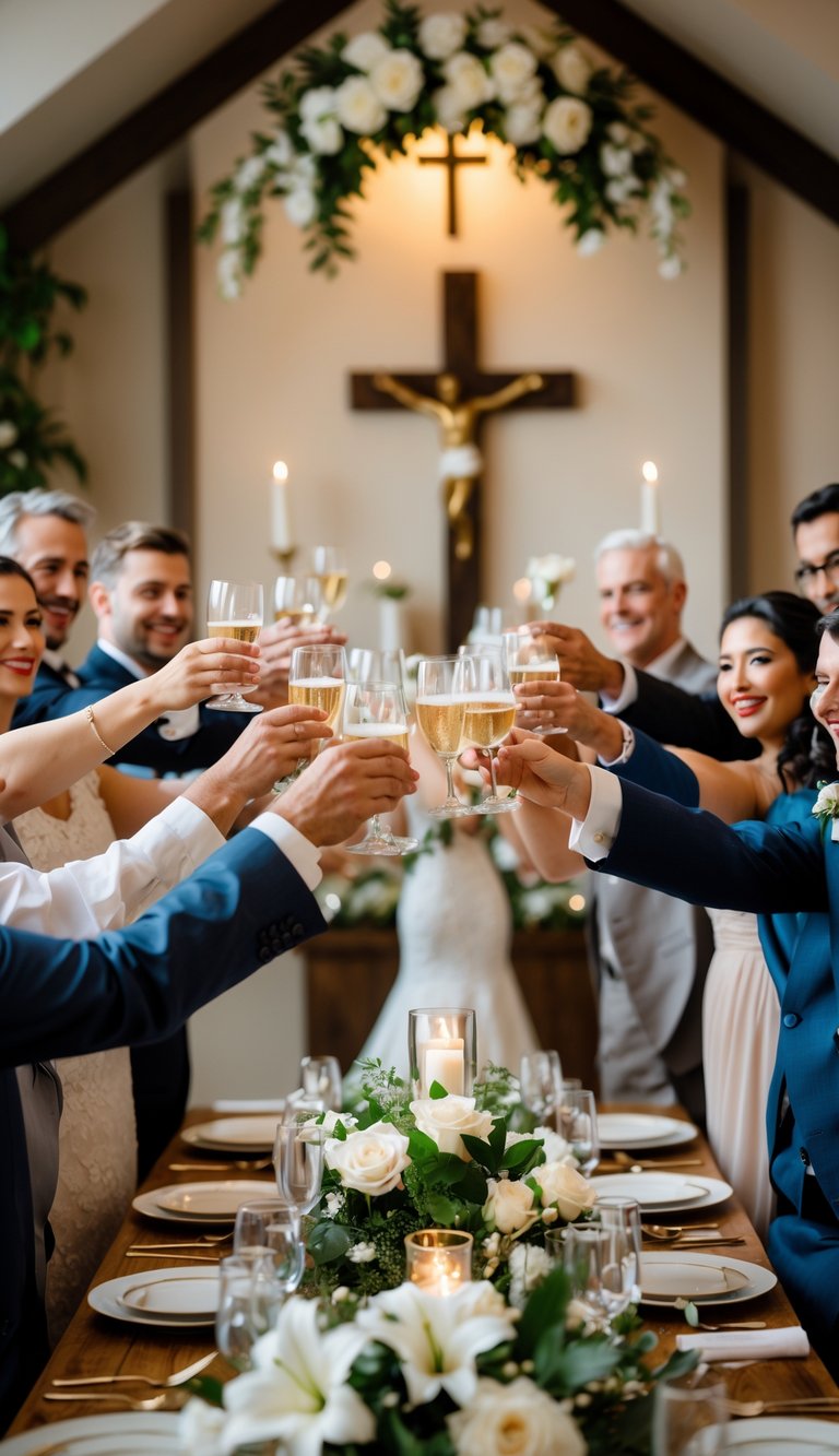 A bride and groom leading a toast with guests at a wedding reception decorated with flowers and a subtle cross symbol.