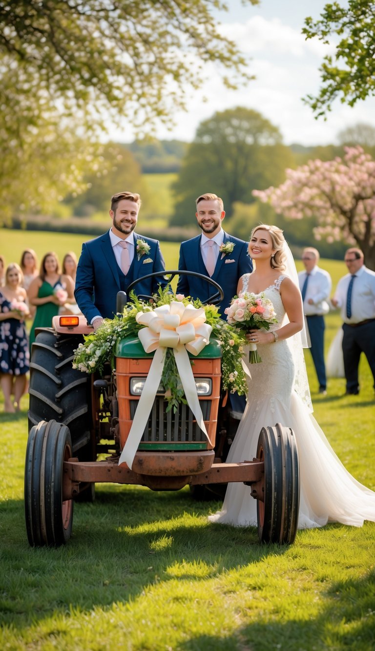 Bride and groom standing beside a decorated tractor outdoors with wedding guests nearby in a sunny field.