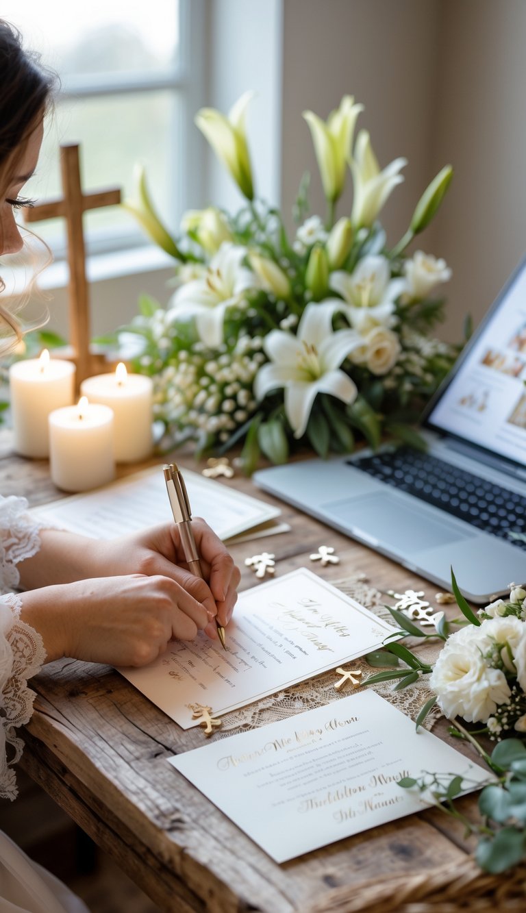 Person writing thank-you notes at a wooden table decorated with Christian wedding items and flowers.