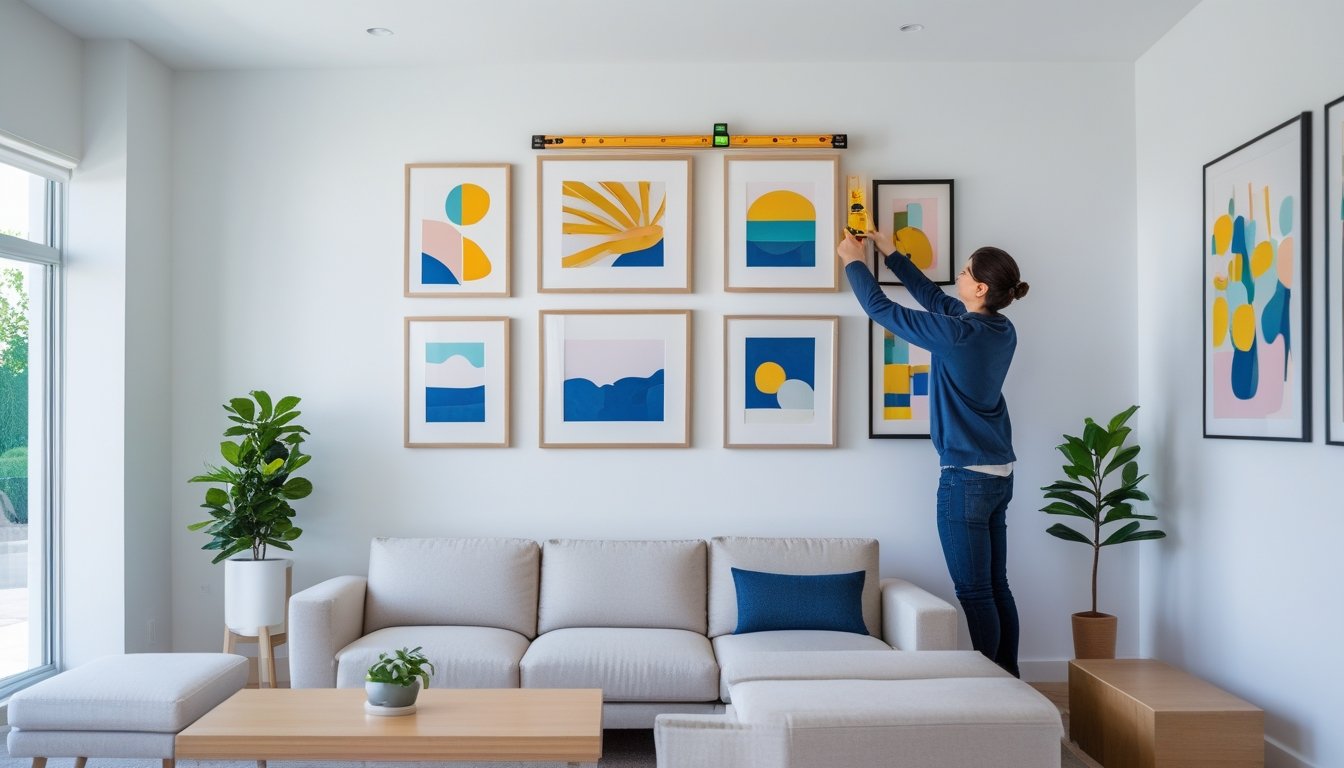 Person hanging framed artwork on a white wall in a well-lit living room with other framed pictures arranged on the wall.