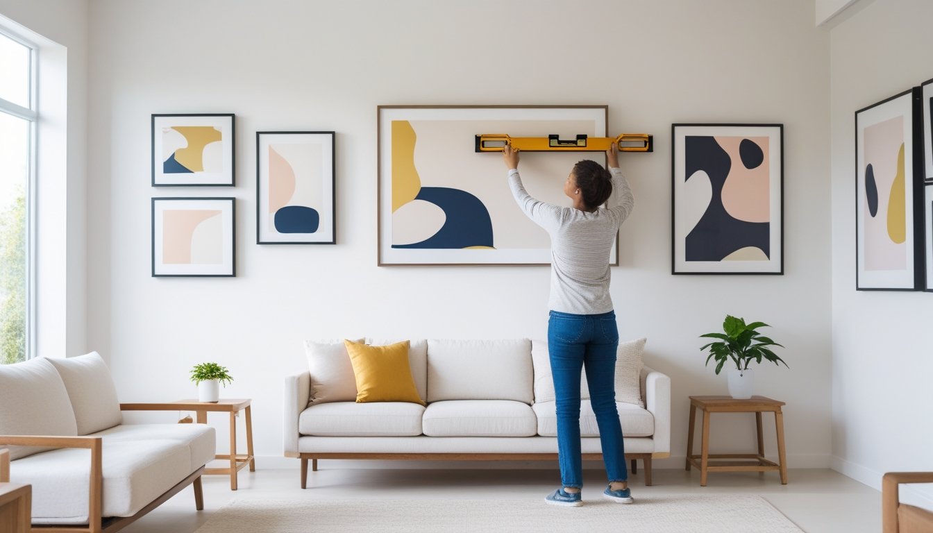 A person hanging a framed artwork on a white wall in a living room, using a level tool to ensure it is balanced.