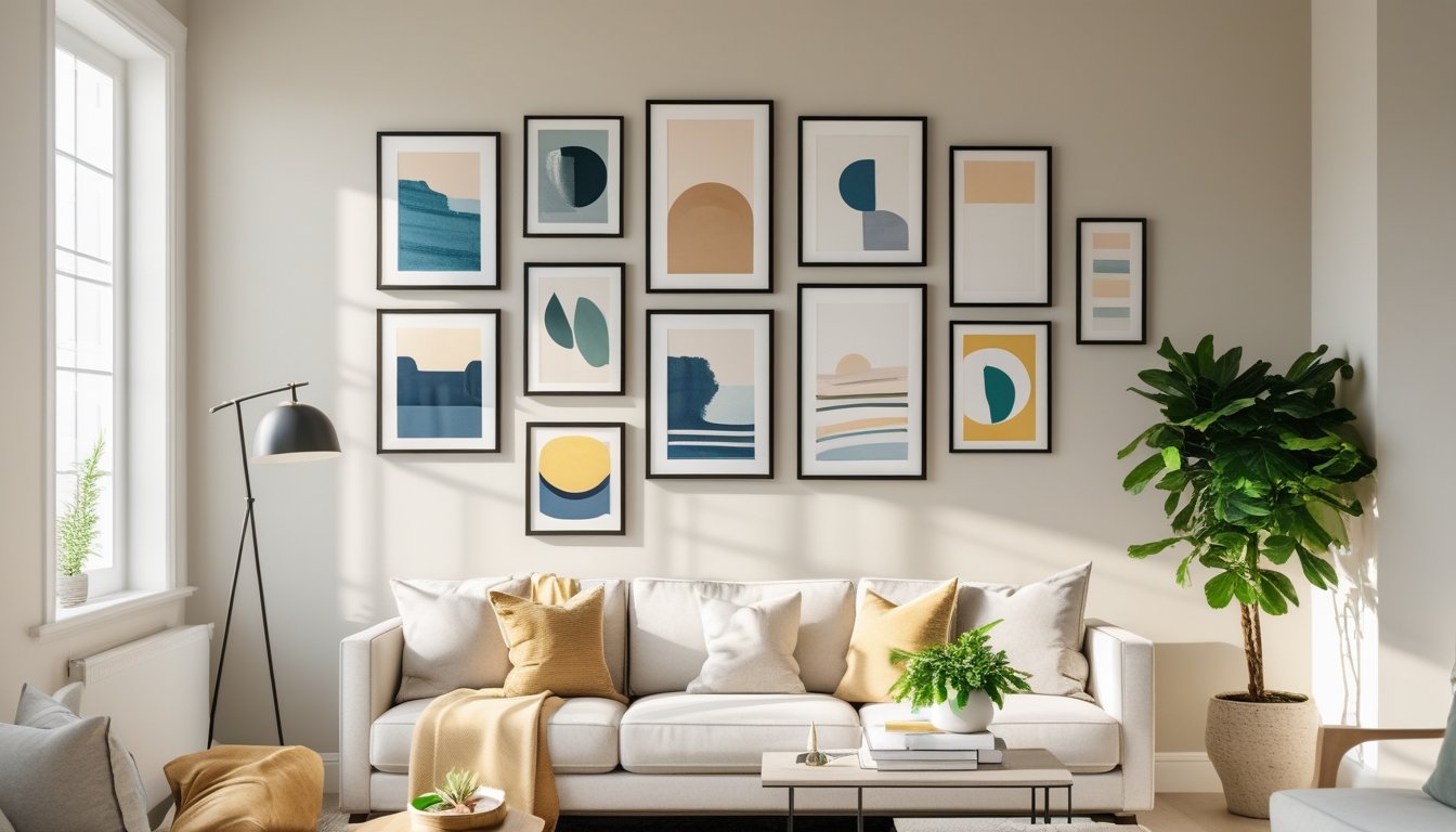 A modern living room with a sofa beneath a neatly arranged collection of framed artworks on the wall.