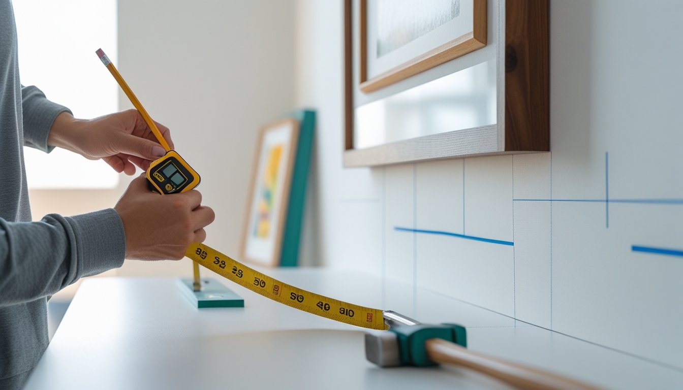 Hands measuring and marking a white wall to hang a framed artwork, with tools nearby.