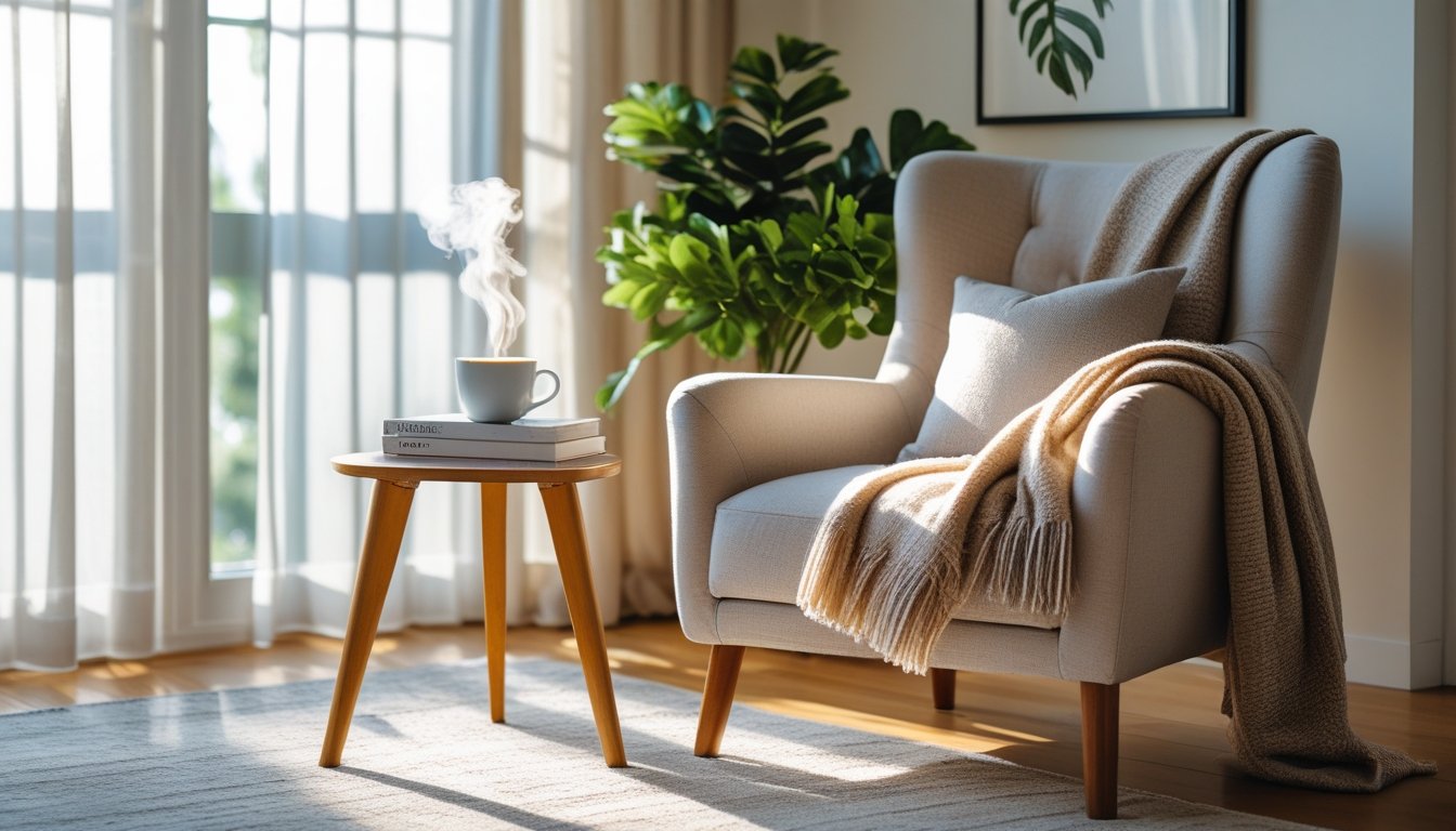A comfortable armchair with cushions and a throw blanket next to a small table with a coffee cup and books, near a green plant by a window letting in sunlight.