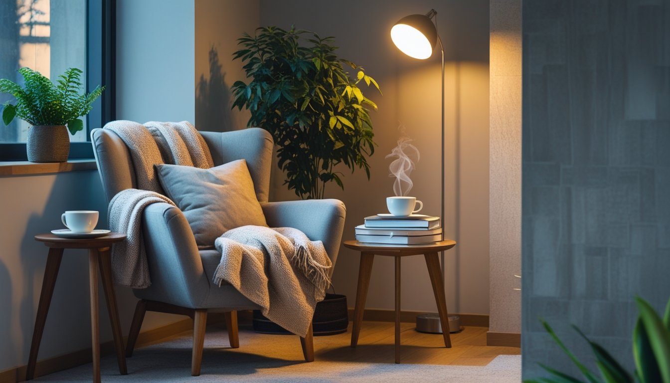 A comfortable armchair with cushions and a throw blanket next to a small table holding a coffee cup and books, illuminated by a floor lamp and surrounded by a tall plant in a softly lit corner.