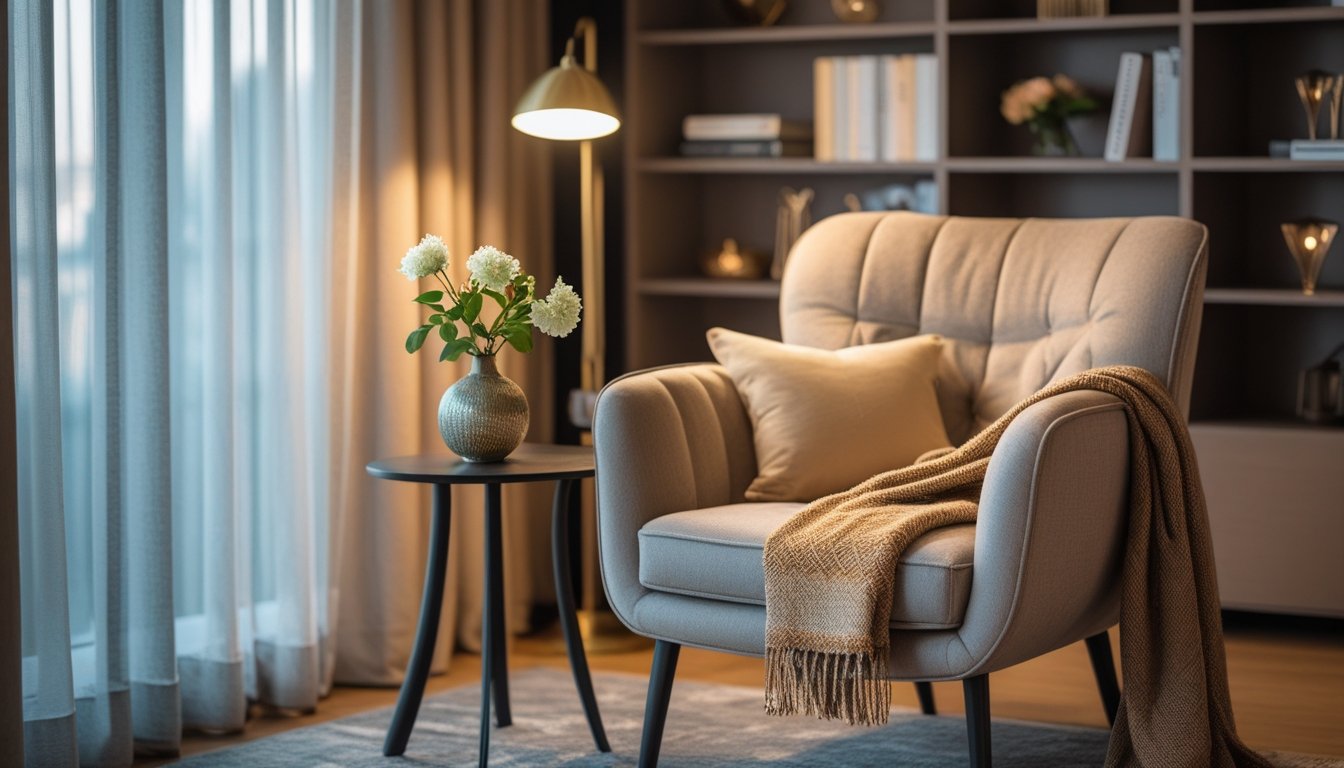 A cozy living room corner with an armchair, side table with flowers, floor lamp, and a bookshelf.