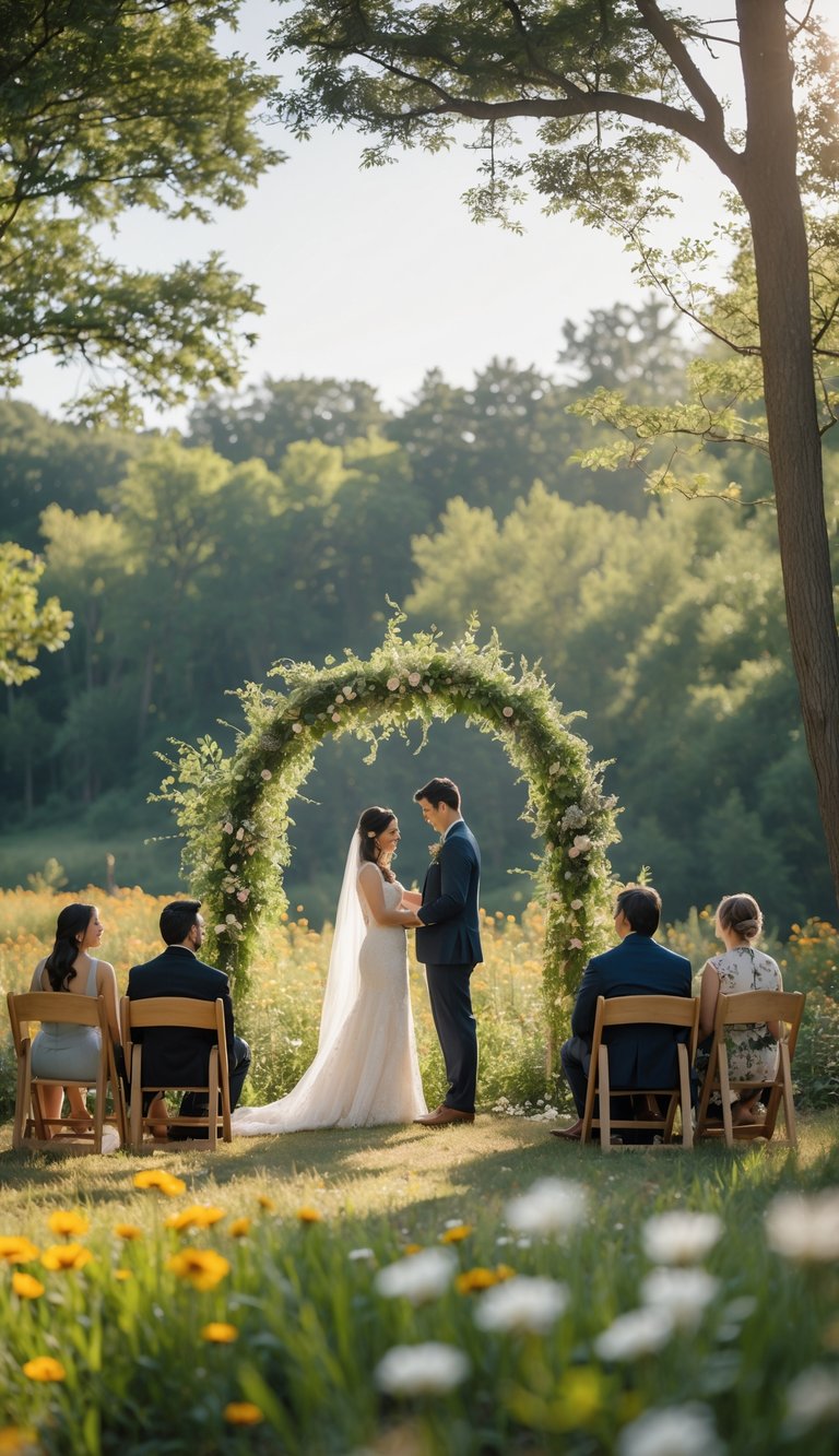 A couple exchanging wedding vows outdoors in a park surrounded by a few seated guests and natural greenery.