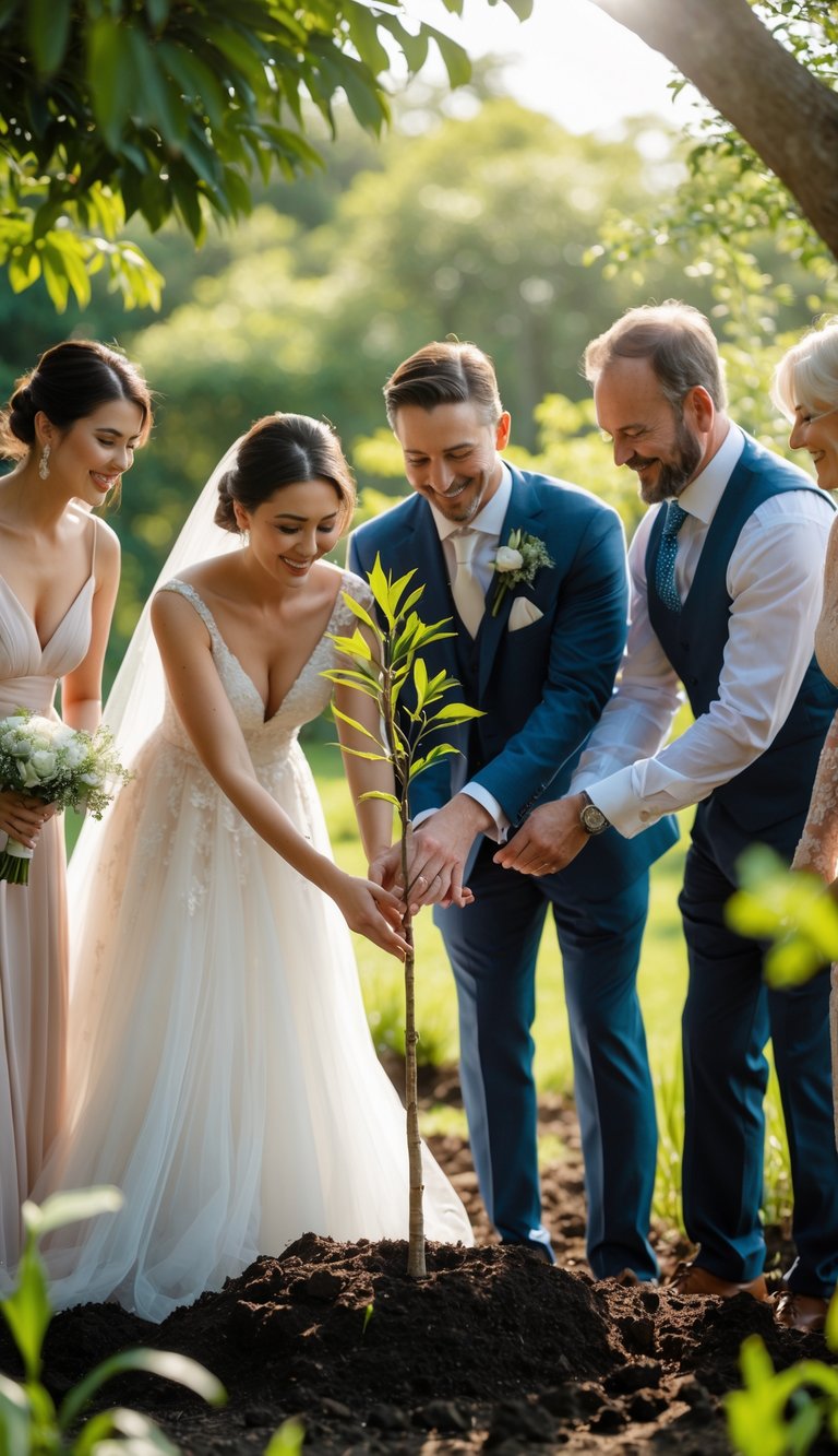 A bride, groom, and a few guests planting a young tree together during a small outdoor wedding ceremony.