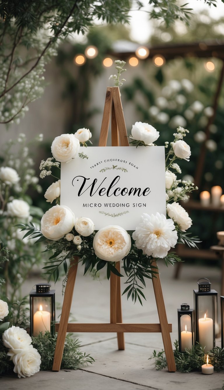 A personalized welcome sign surrounded by fresh white flowers set in an intimate outdoor wedding scene with greenery and soft lighting.