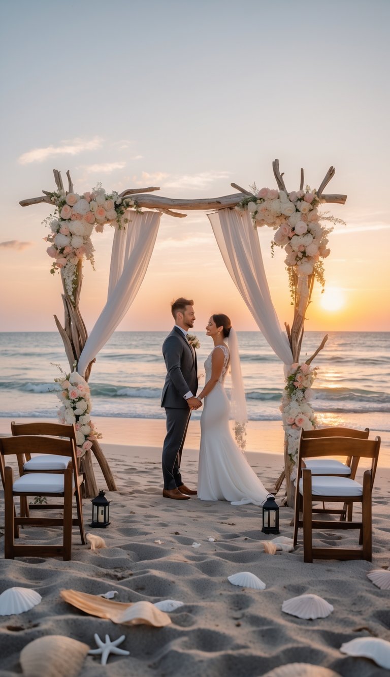 A couple standing under a decorated arch on a sandy beach at sunset with a few chairs arranged nearby and the ocean in the background.
