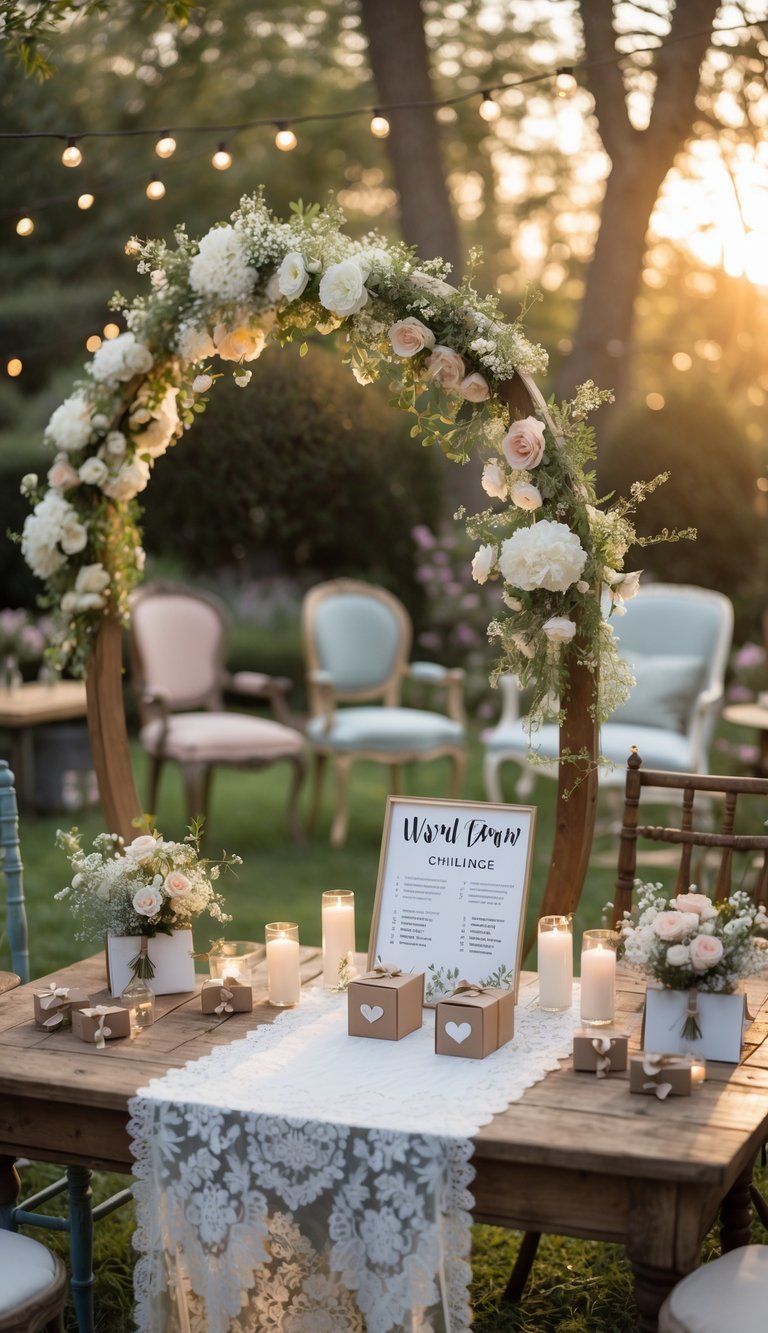 An intimate outdoor micro wedding setup with a floral arch, small guest seating, and a table with guest activity cards in a garden.