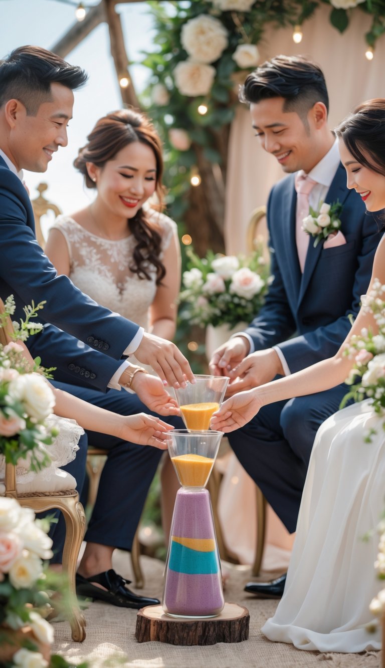 A couple pouring colored sand together into a single vase during a small outdoor wedding ceremony surrounded by seated guests.