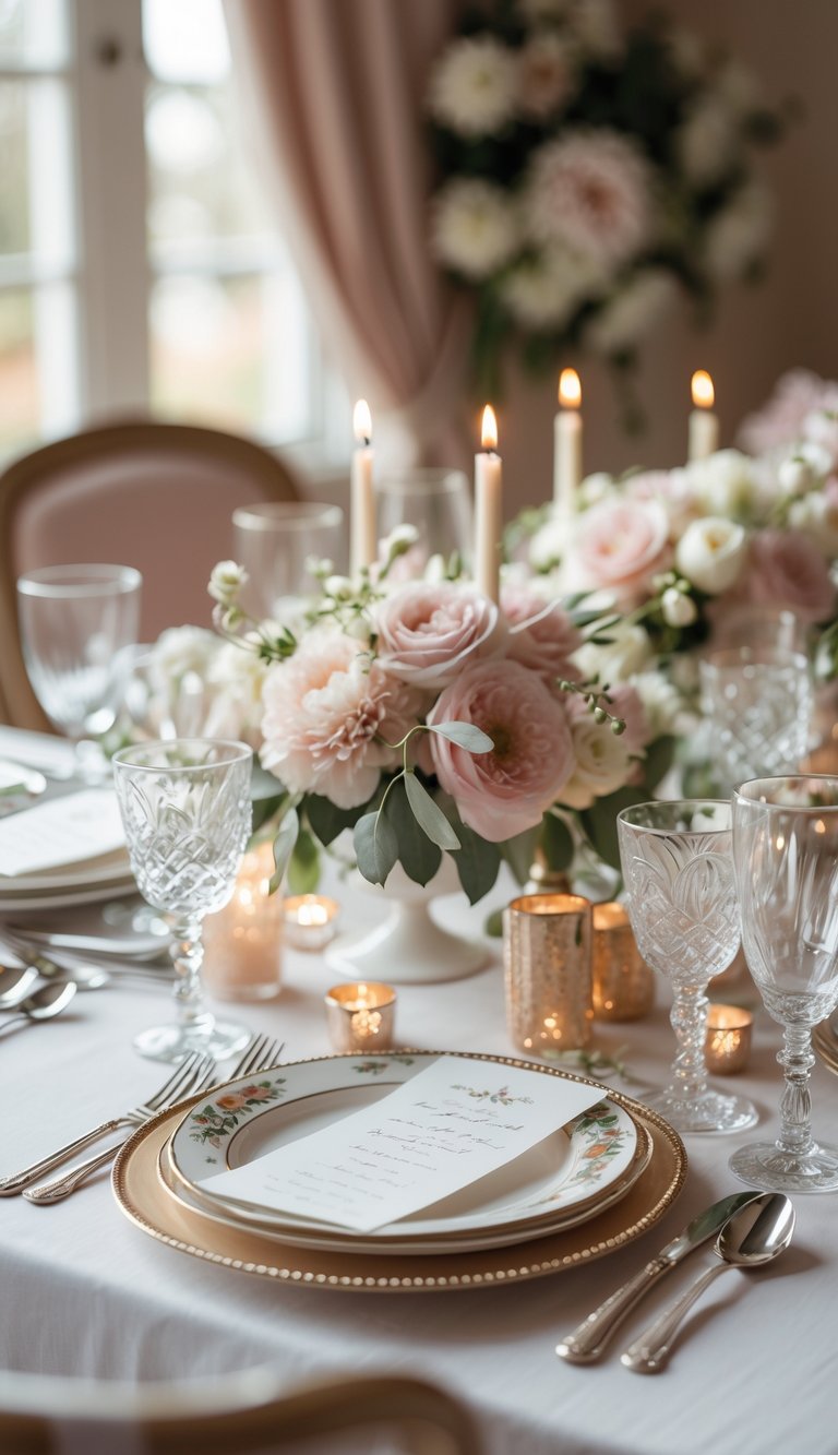 A wedding table set for a small gathering with floral centerpieces and handwritten notes at each place setting.
