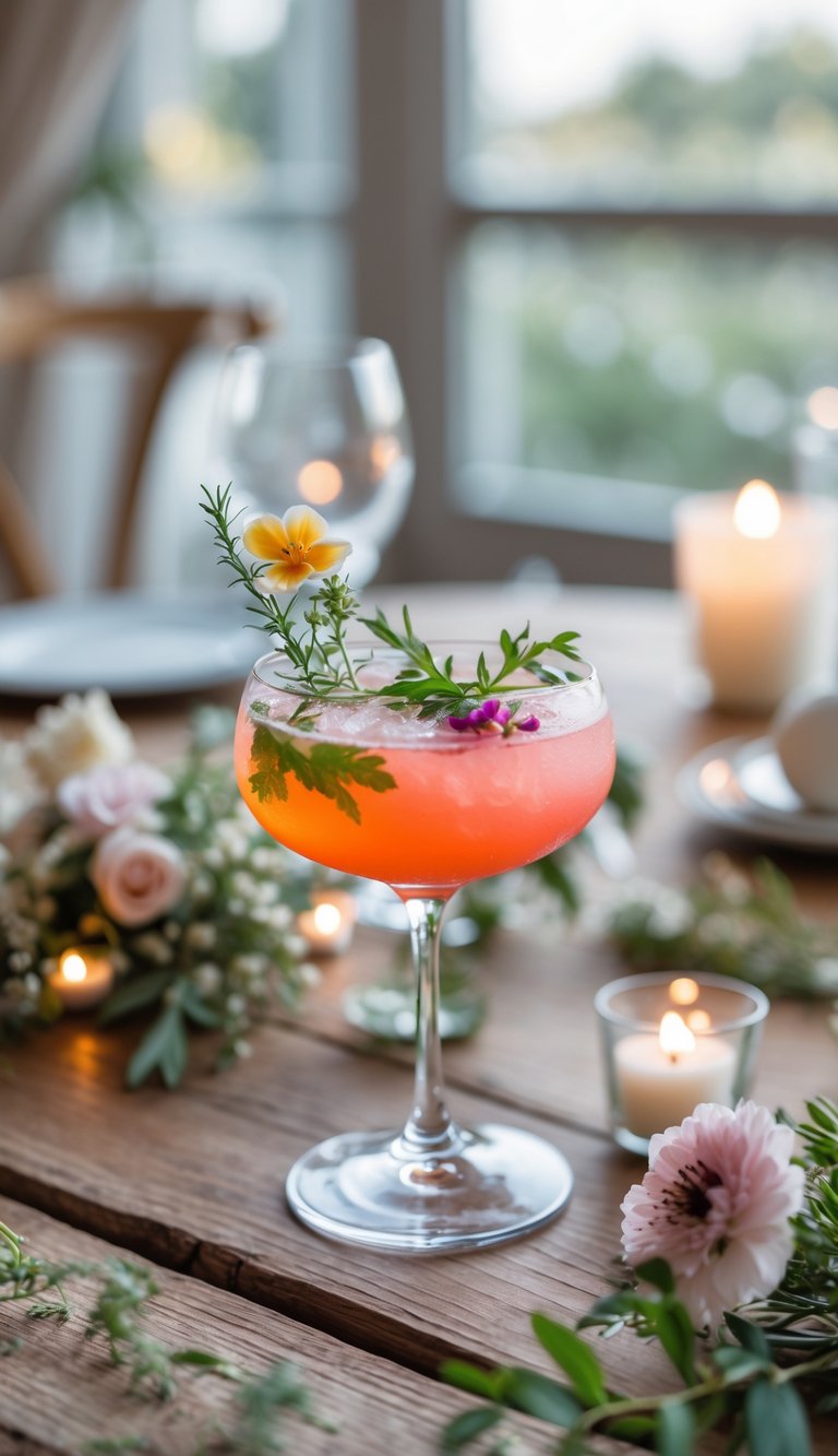 A colorful cocktail garnished with herbs and flowers on a wooden table with wedding decorations and a small intimate wedding setup in the background.
