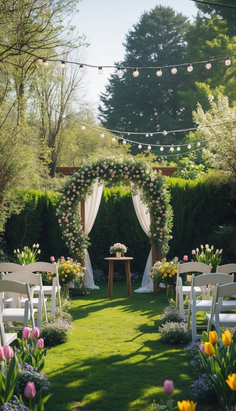 A small garden decorated with seasonal flowers and a wooden arch for an intimate wedding ceremony with white chairs arranged nearby.