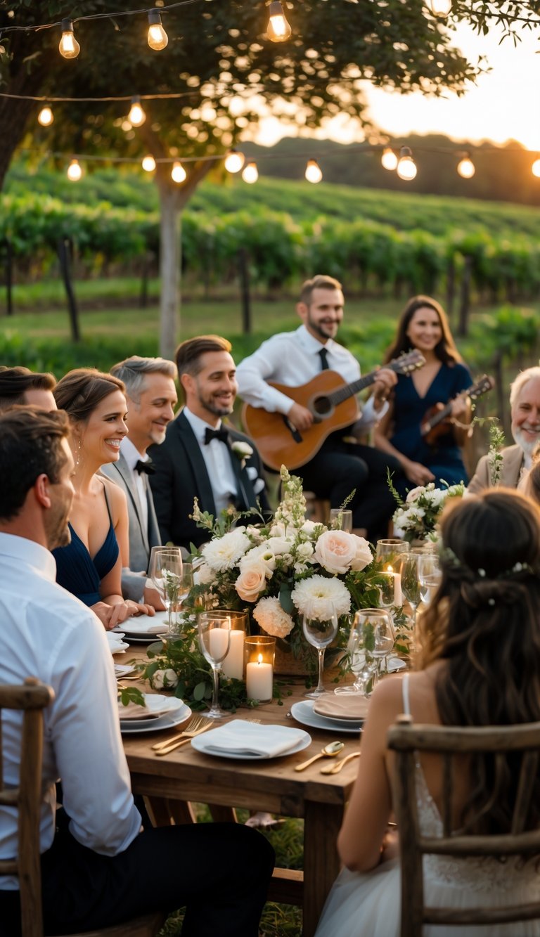 A small outdoor wedding with about 17 guests, a live acoustic band playing, and the bride and groom surrounded by family and friends in a garden setting.