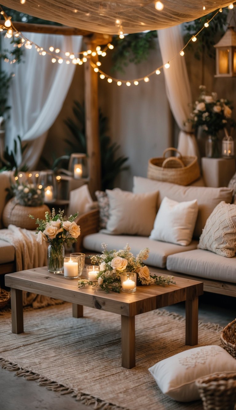 A cozy lounge area with comfortable seating, fairy lights overhead, floral arrangements, and candles creating a warm and intimate atmosphere.