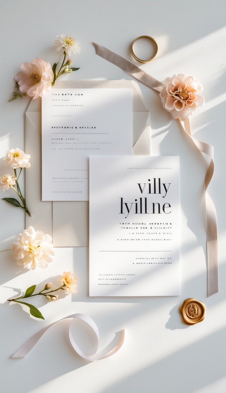 Flat lay of a modern wedding invitation set surrounded by small flowers, a wedding ring, ribbon, and a wax seal on a white background.