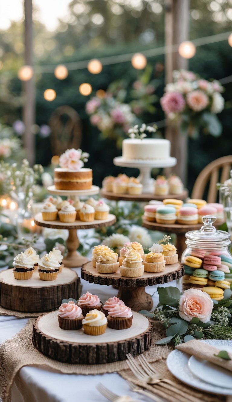 A table with homemade and artisanal desserts arranged for a small wedding celebration in an outdoor garden setting.