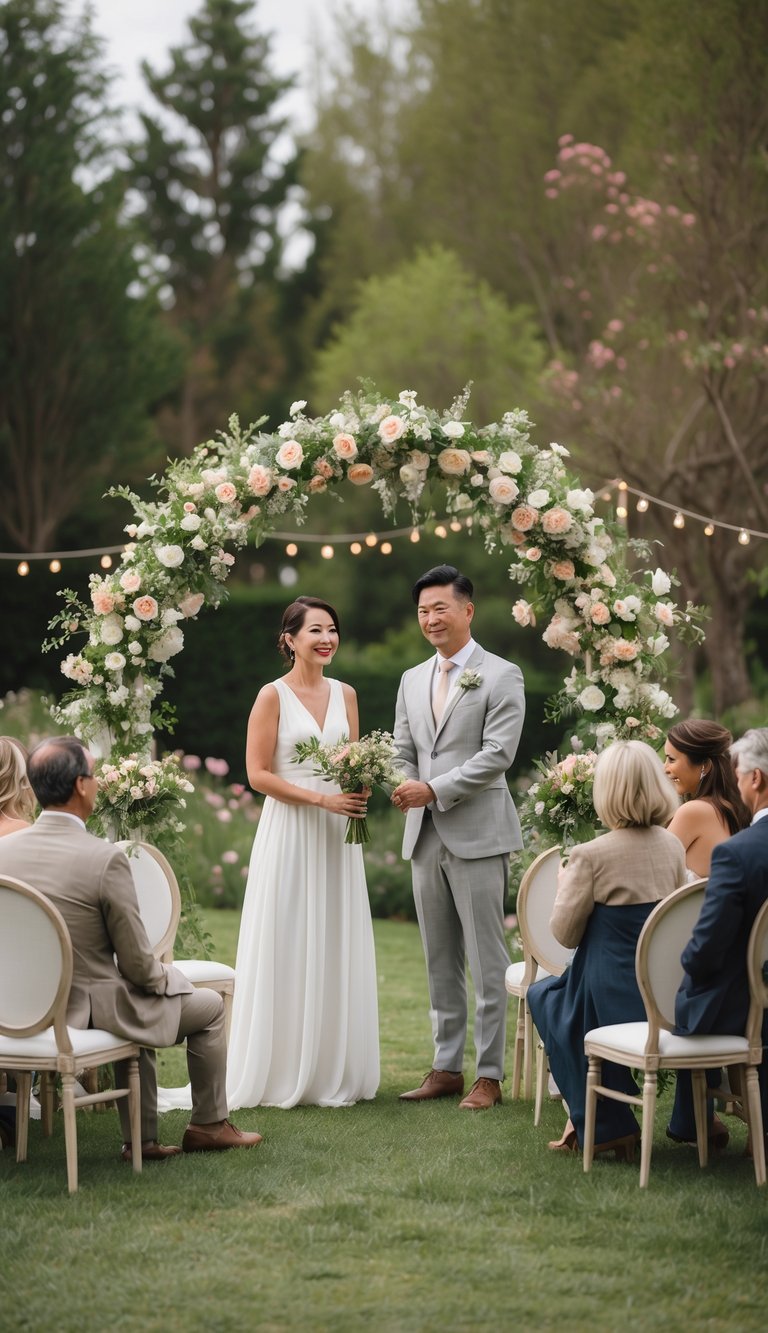 A small outdoor wedding ceremony with a couple standing under a floral arch surrounded by a few seated guests on a green lawn.