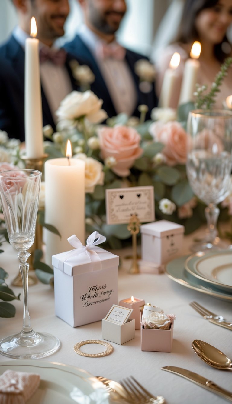 A table set with personalized wedding favors, flowers, and candles at a small wedding gathering.