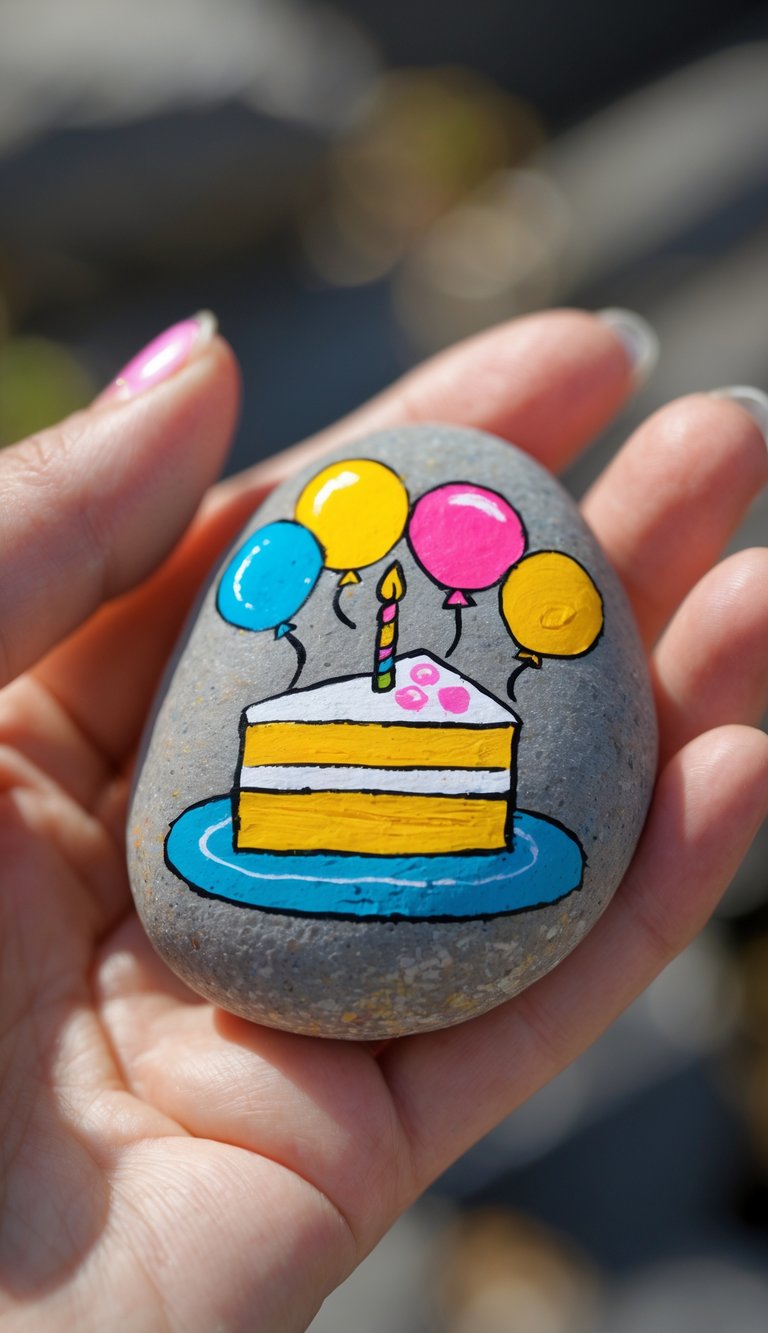 A hand holding a smooth river rock painted with a birthday cake slice and balloons.